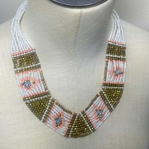 Necklace vintage beaded white pink bronze boho statement jewelry - Picture 1 of 5